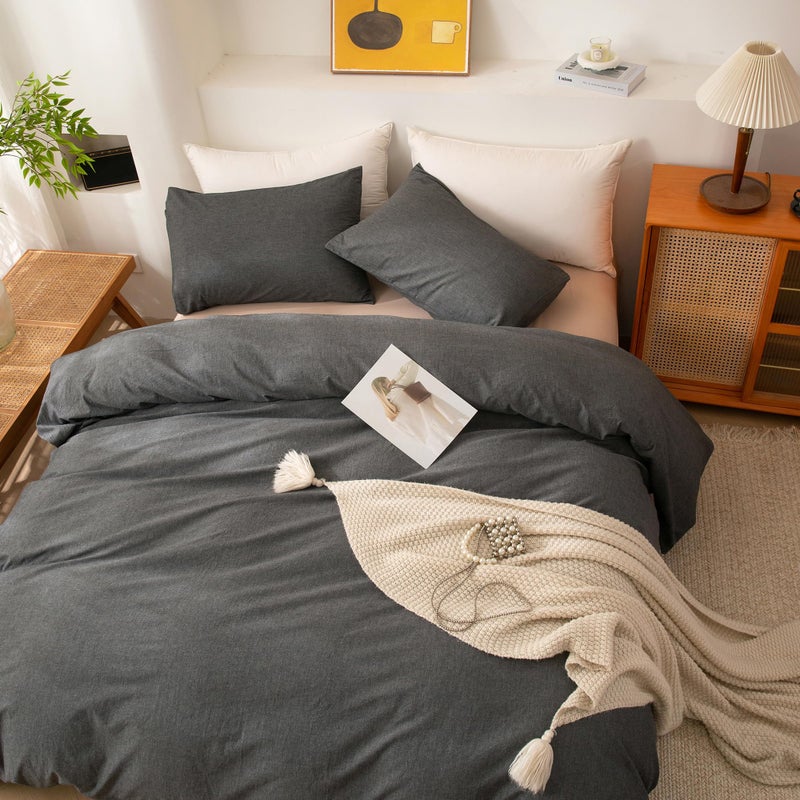 ECOCOTT Grey Duvet Cover King Size, 100% Washed Cotton 1 Duvet Cover with Zipper and 2 Pillowcases, Ultra Soft and Easy Care Breathable Cozy Simple Style Bedding Set (Dark Grey) - Image 3